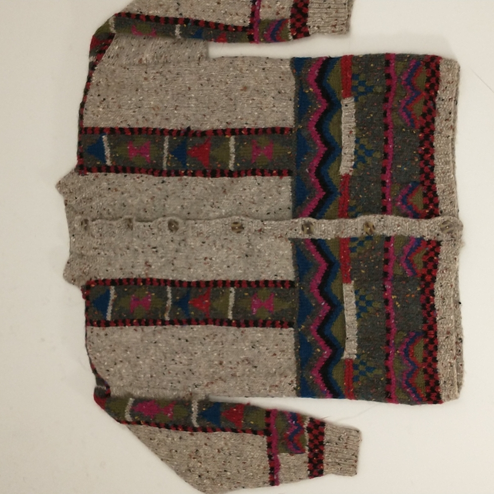 Colorful Handknit Cardigan Sweater Natural Undyed Wool Pockets Bold Pattern SeeM - Picture 6 of 13